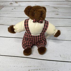 Vintage Kel-Toy 6" Plush Bear Brown Check Overalls Bowtie‎ Stuffed Animal Toy